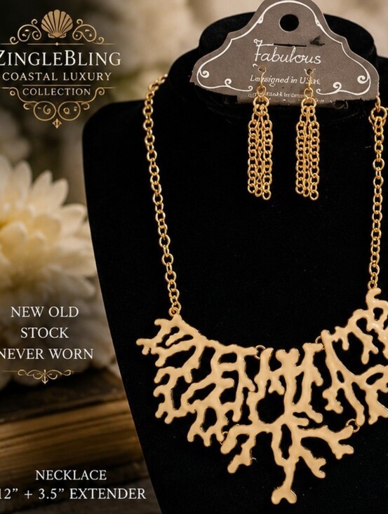 Jewelry - Fabulous NOS Cream Coral Branch Statement Necklace Earrings Set Gold Tone